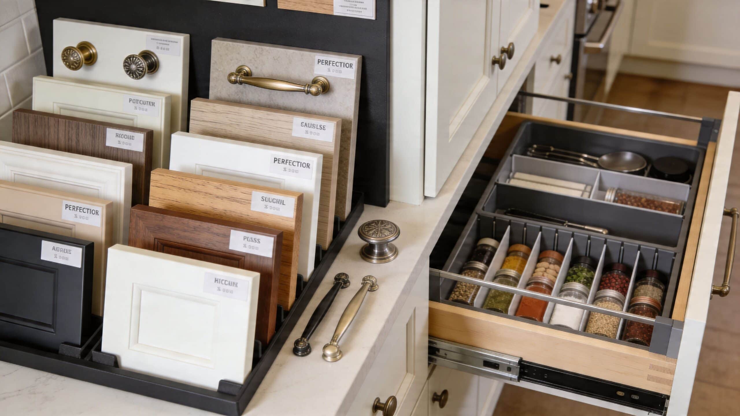 A display of kitchen cabinet door samples and a pull-out drawer organizer filled with spice jars.