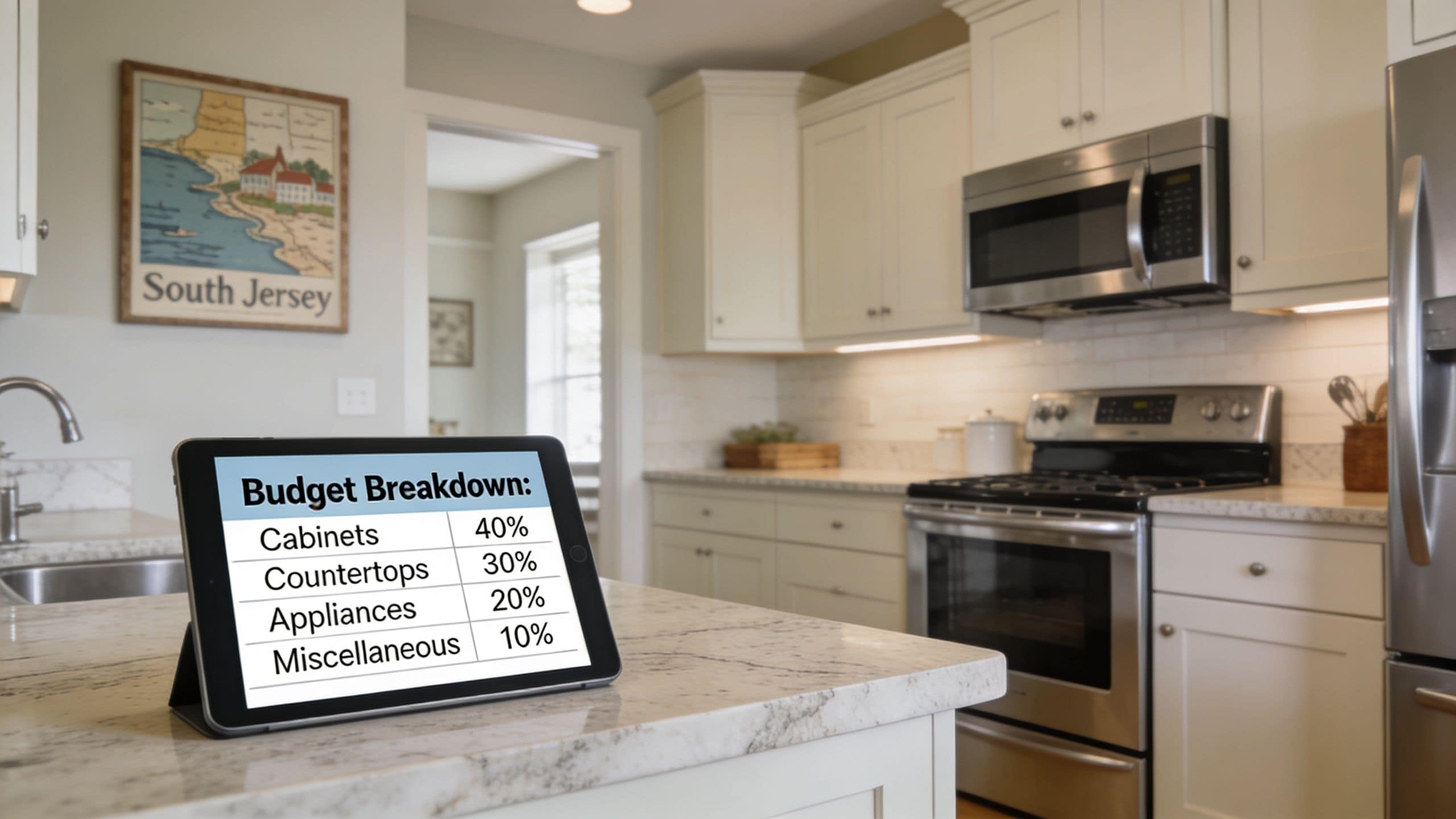 A digital tablet showing a kitchen renovation budget breakdown sits on a marble kitchen island countertop.