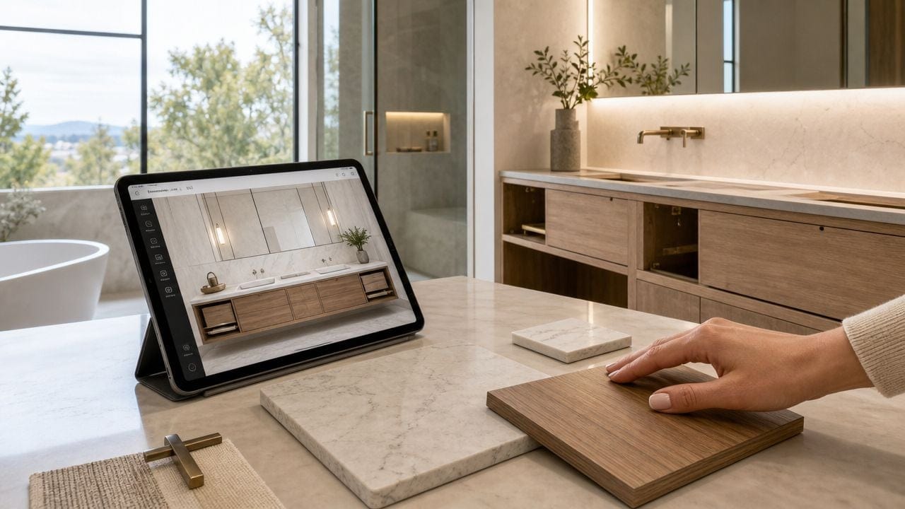 A hand touches a wood sample on a marble surface next to a tablet displaying bathroom design.