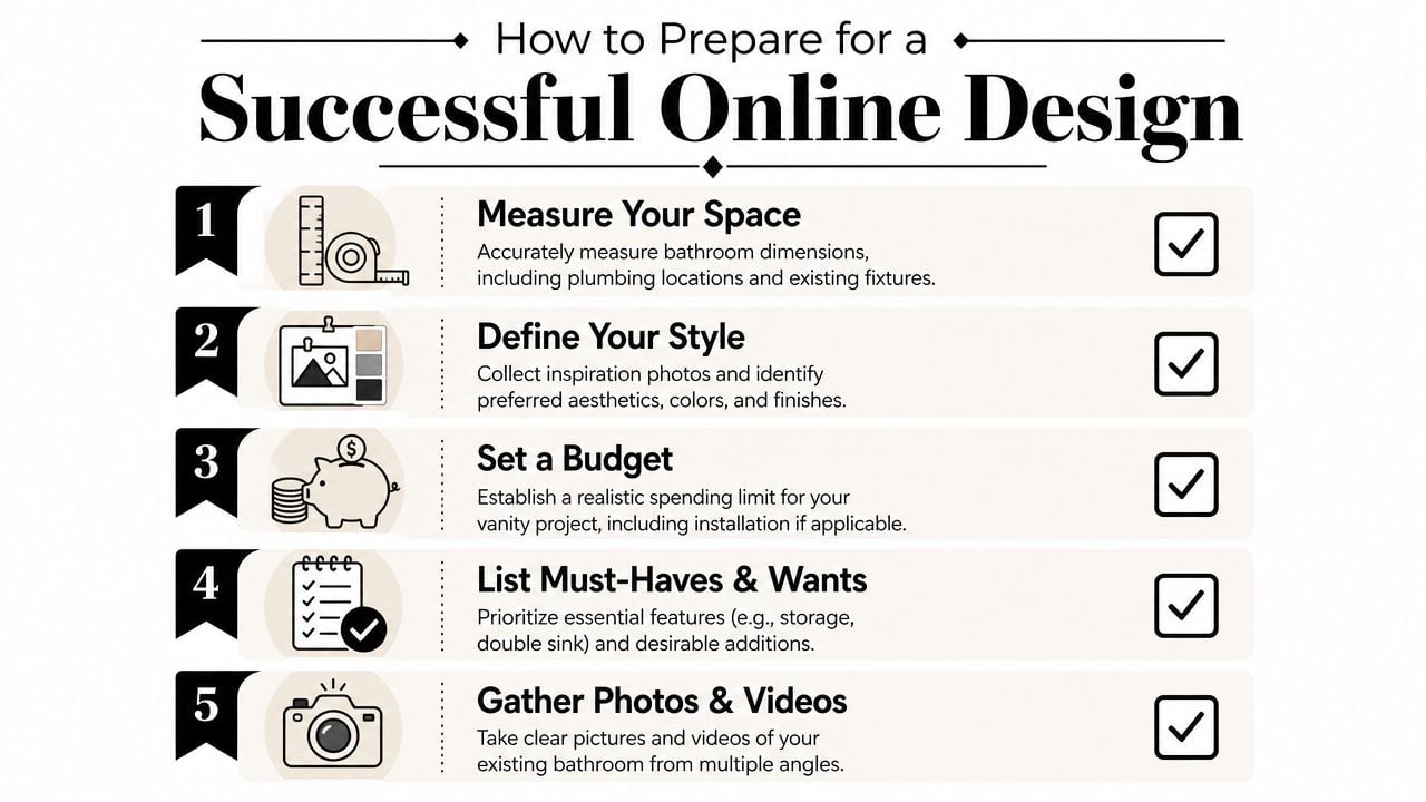 An infographic showing five steps to prepare for a successful bathroom vanity design project online.