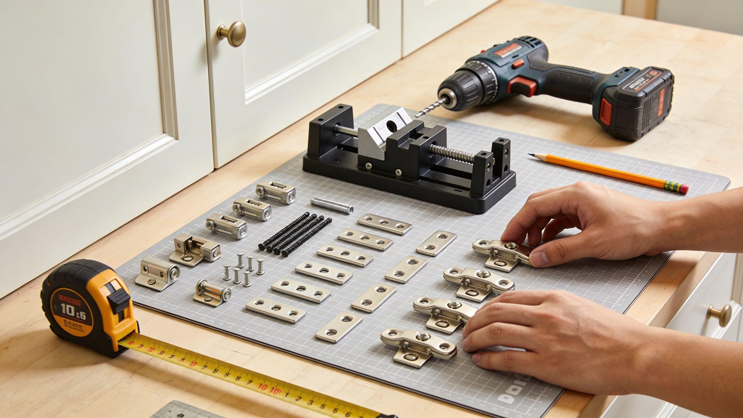 A person preparing to install cabinet hardware on a workbench with various metal components and tools.