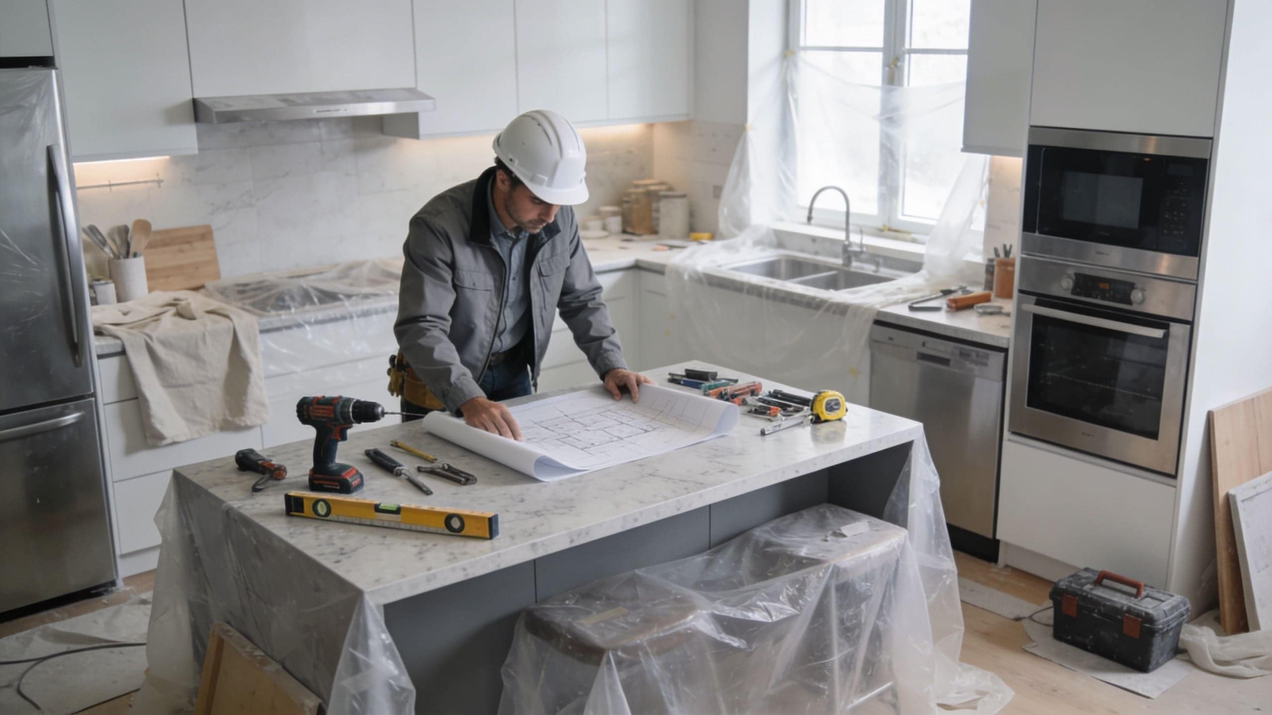 A professional construction worker wearing a white hard hat reviews blueprints on a kitchen island during renovation.
