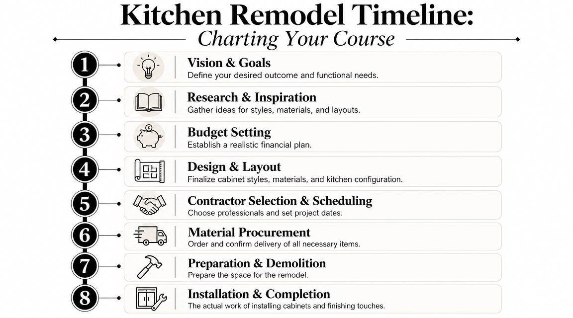 An eight-step instructional infographic detailing the professional process for a kitchen remodeling project timeline.