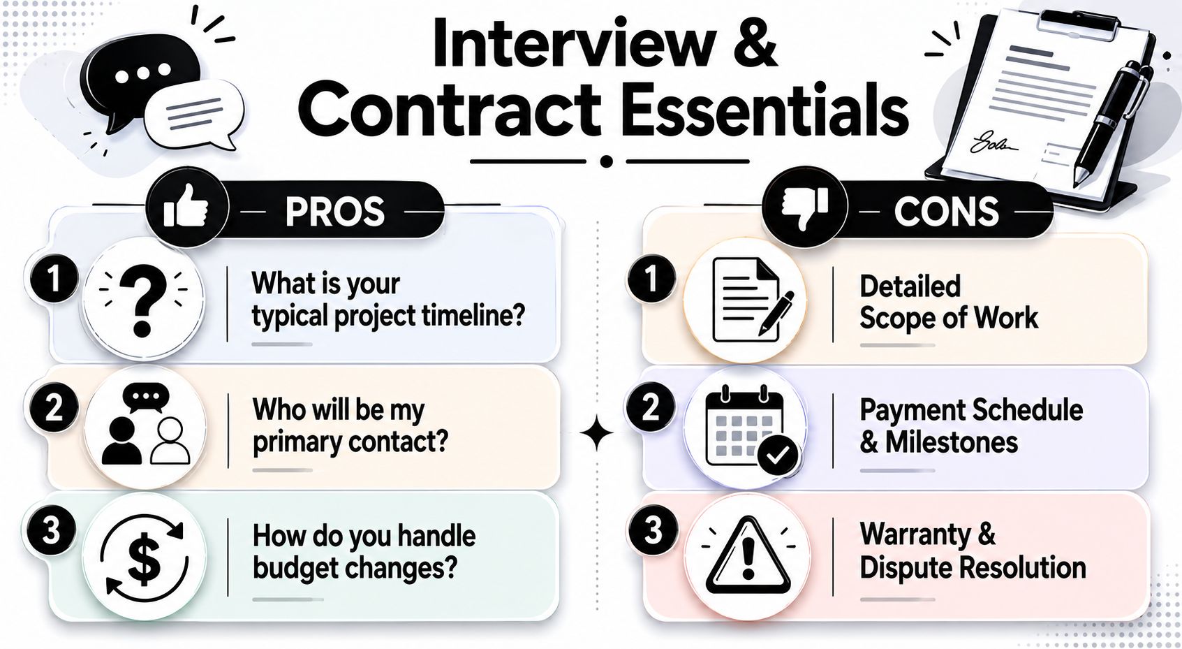 An infographic detailing essential interview questions and contract points for hiring professional service providers or contractors.