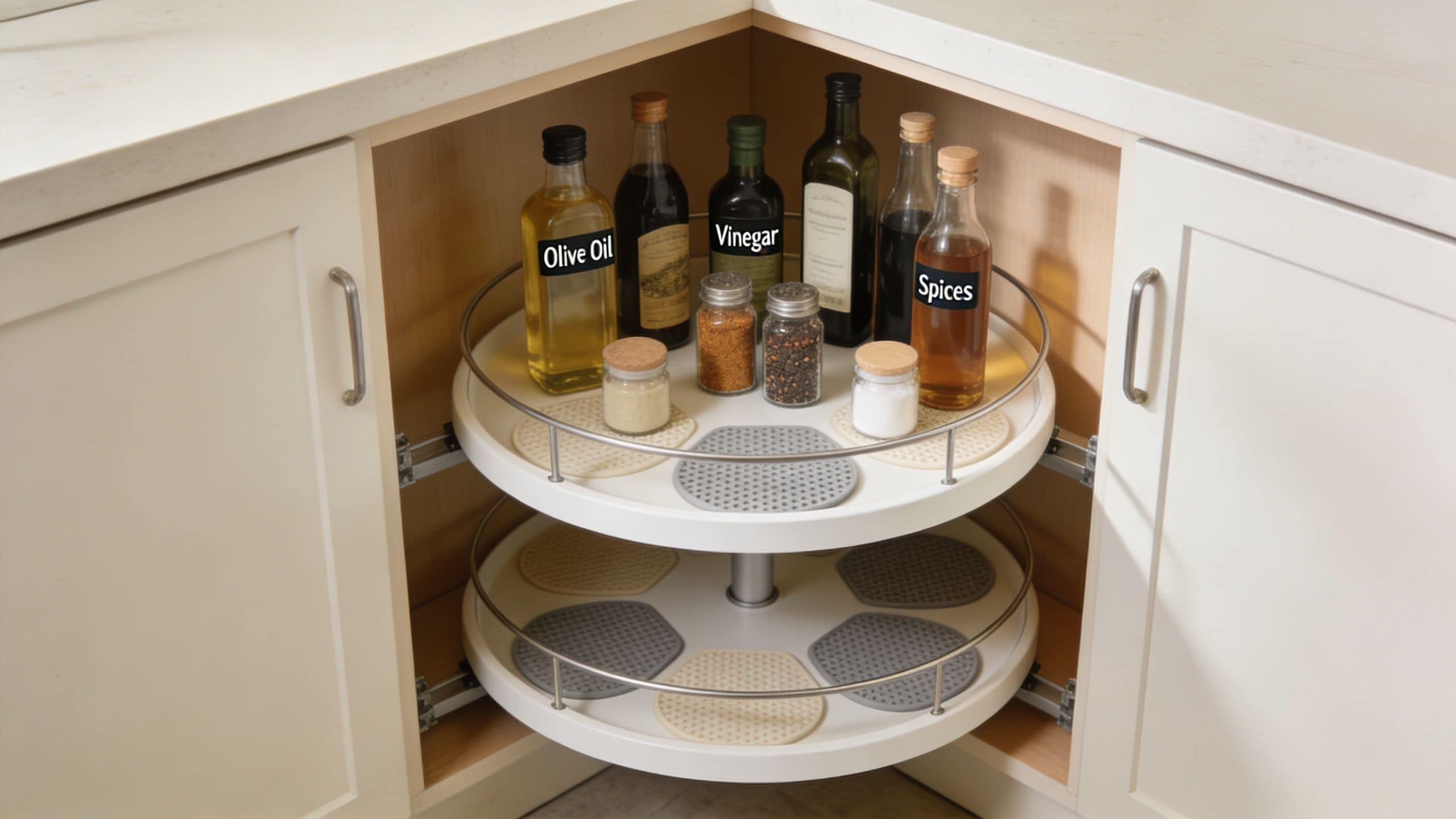 A corner cabinet featuring a revolving tiered tray filled with organized bottles of cooking oil, vinegar, and spices.