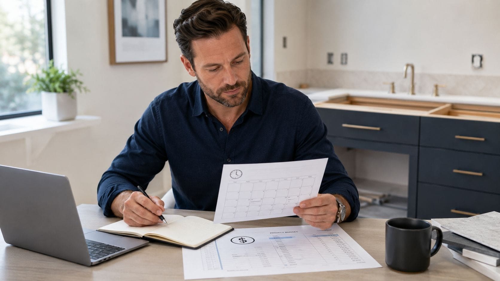 A professional man planning a bathroom vanity renovation by reviewing budget spreadsheets and a project schedule.