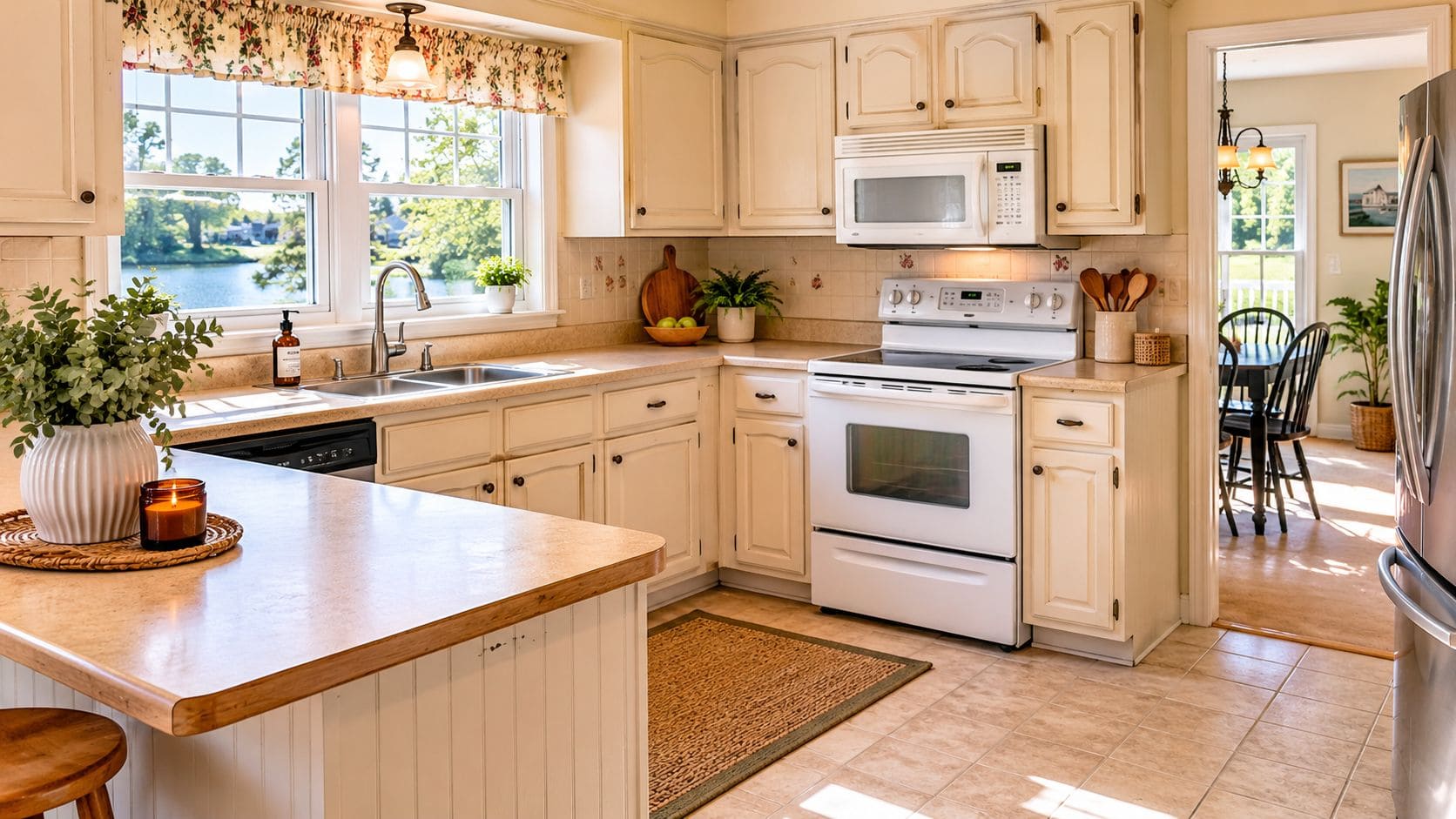 A warm and inviting kitchen featuring cream-colored cabinets, a spacious countertop, and large windows with scenic water views.