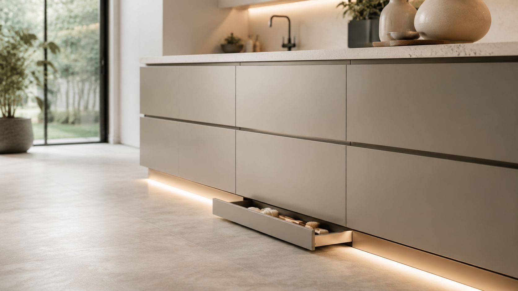 A modern kitchen island features a sleek toe kick drawer illuminated by ambient under-cabinet LED strip lighting.