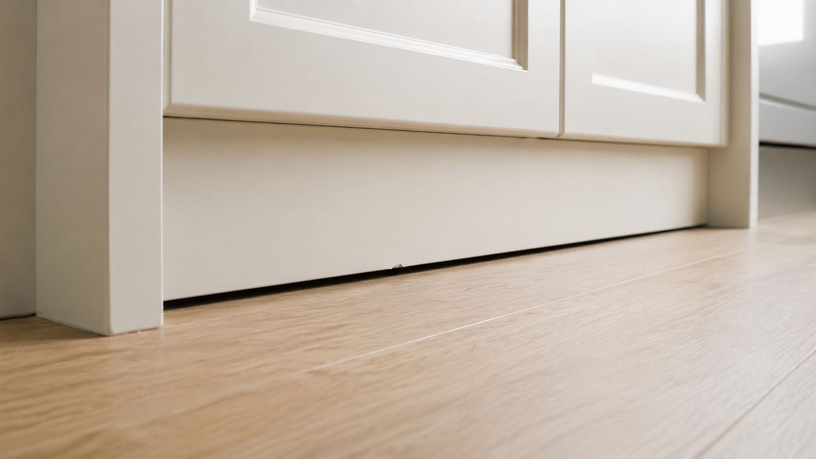 A close-up view of a cream-colored kitchen cabinet toe kick installed above light-colored oak wood flooring.