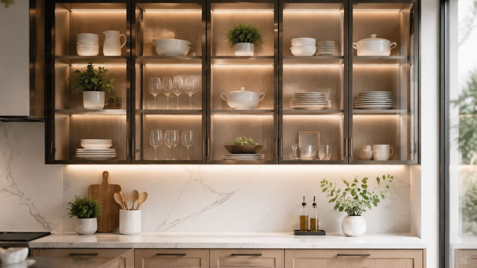 A luxurious modern kitchen featuring glass-front cabinets with built-in ambient lighting and elegant marble countertops.