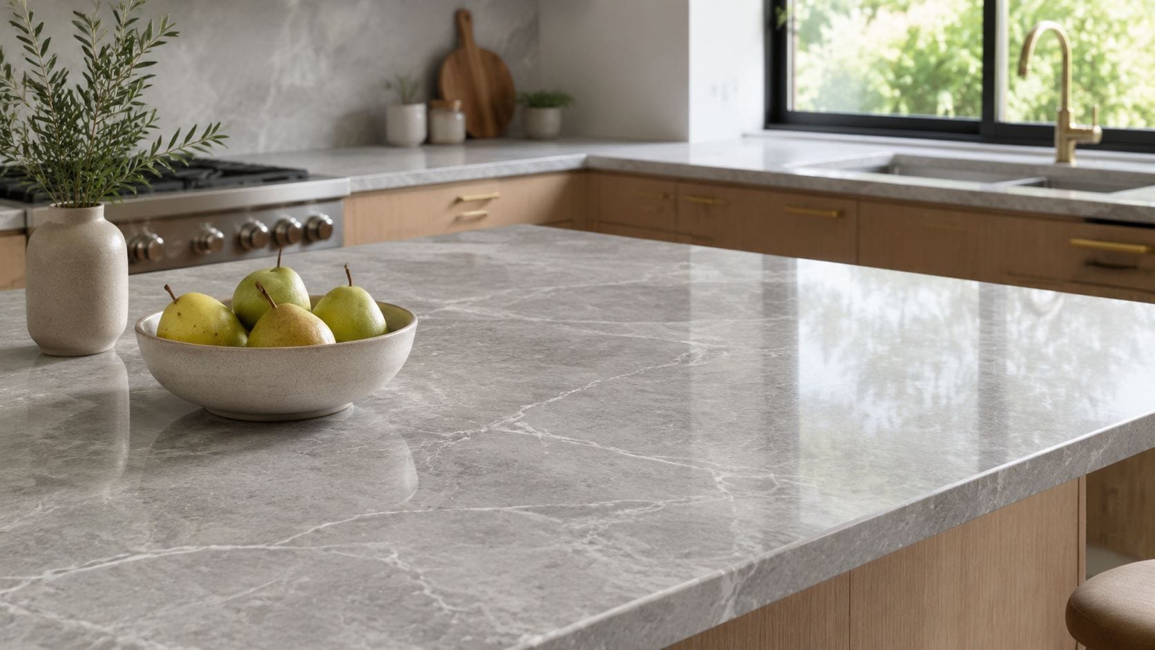 A modern kitchen island featuring elegant grey veined marble countertops with a bowl of fresh green pears.