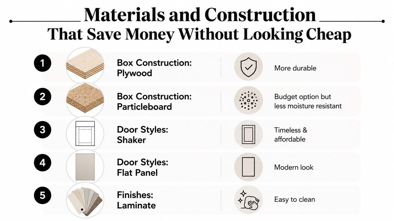 An infographic titled Materials and Construction That Save Money Without Looking Cheap comparing cabinet construction and styles.