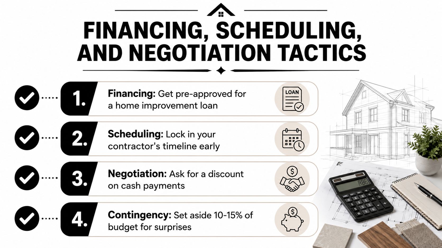 An infographic outlining four essential tips for financing, scheduling, and negotiation tactics for home improvement projects.