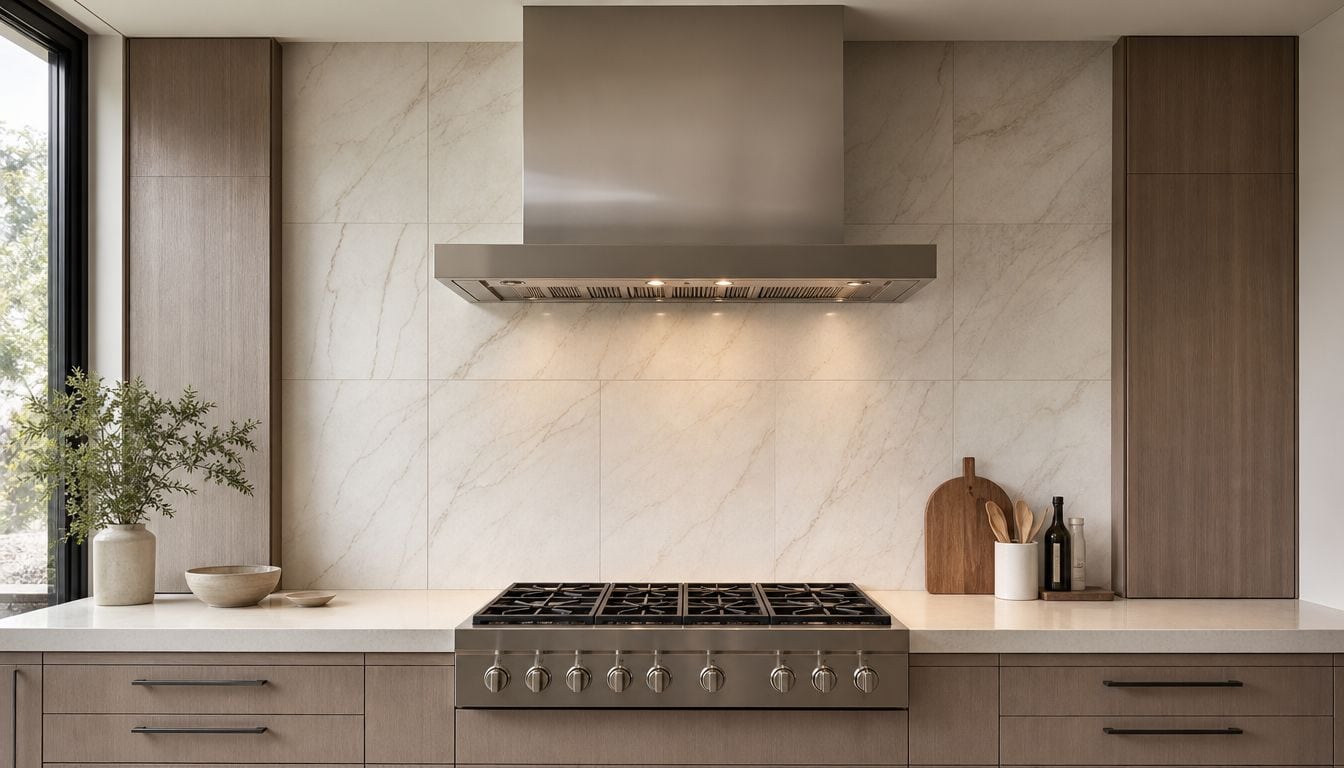 A modern kitchen featuring a stainless steel stove, range hood, and a marble tile backsplash design.