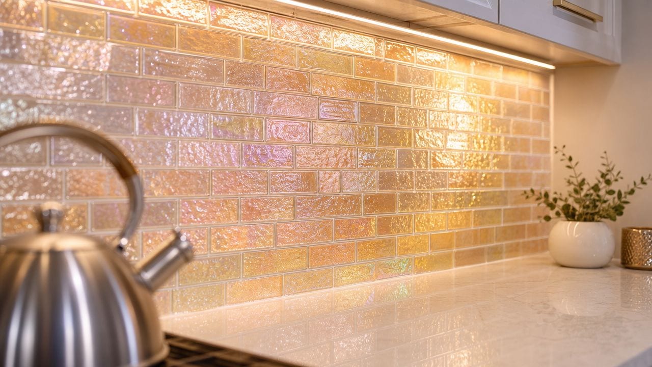 A modern kitchen backsplash featuring glowing iridescent glass subway tiles illuminated by under-cabinet LED strip lighting.