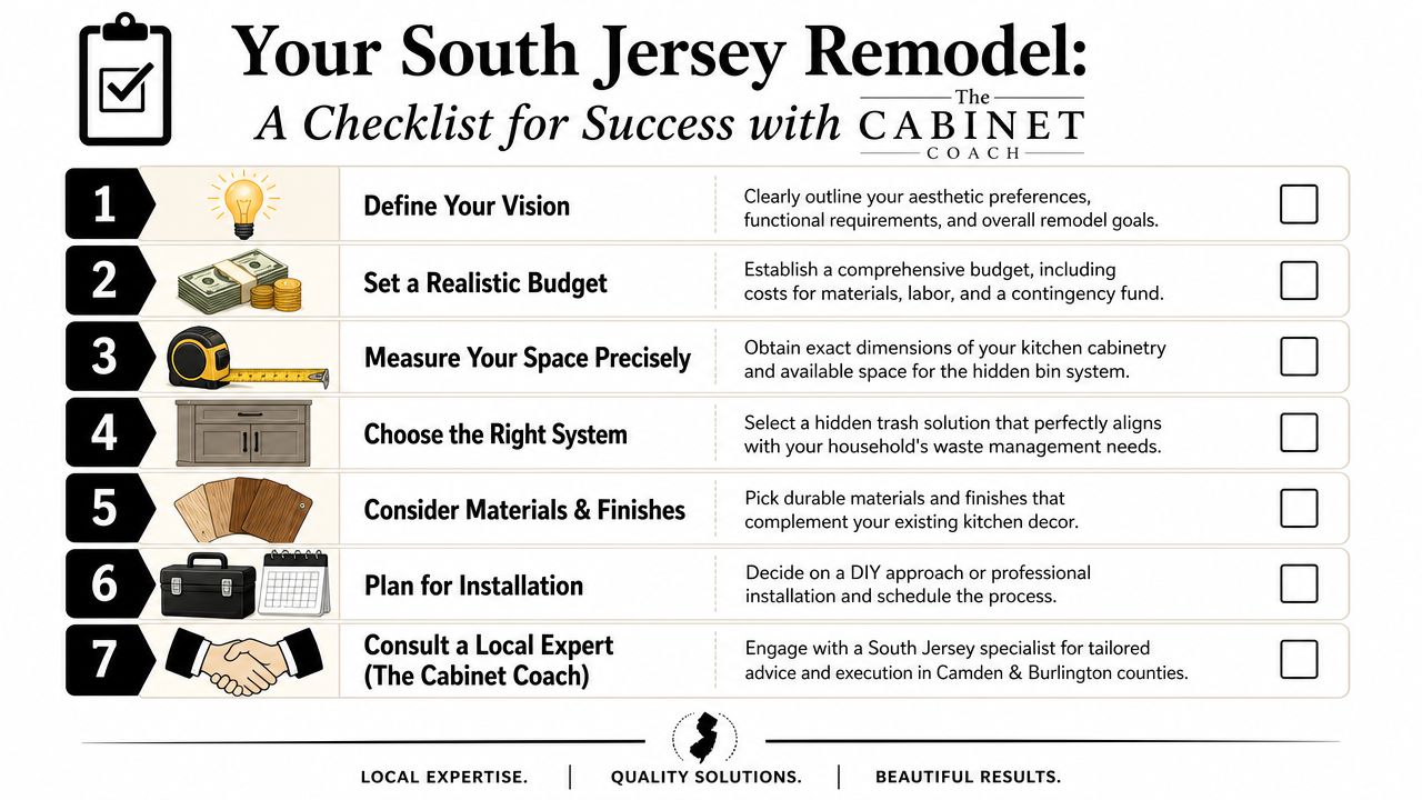 A seven-step checklist for planning a kitchen remodel including a hidden trash bin installation in South Jersey.