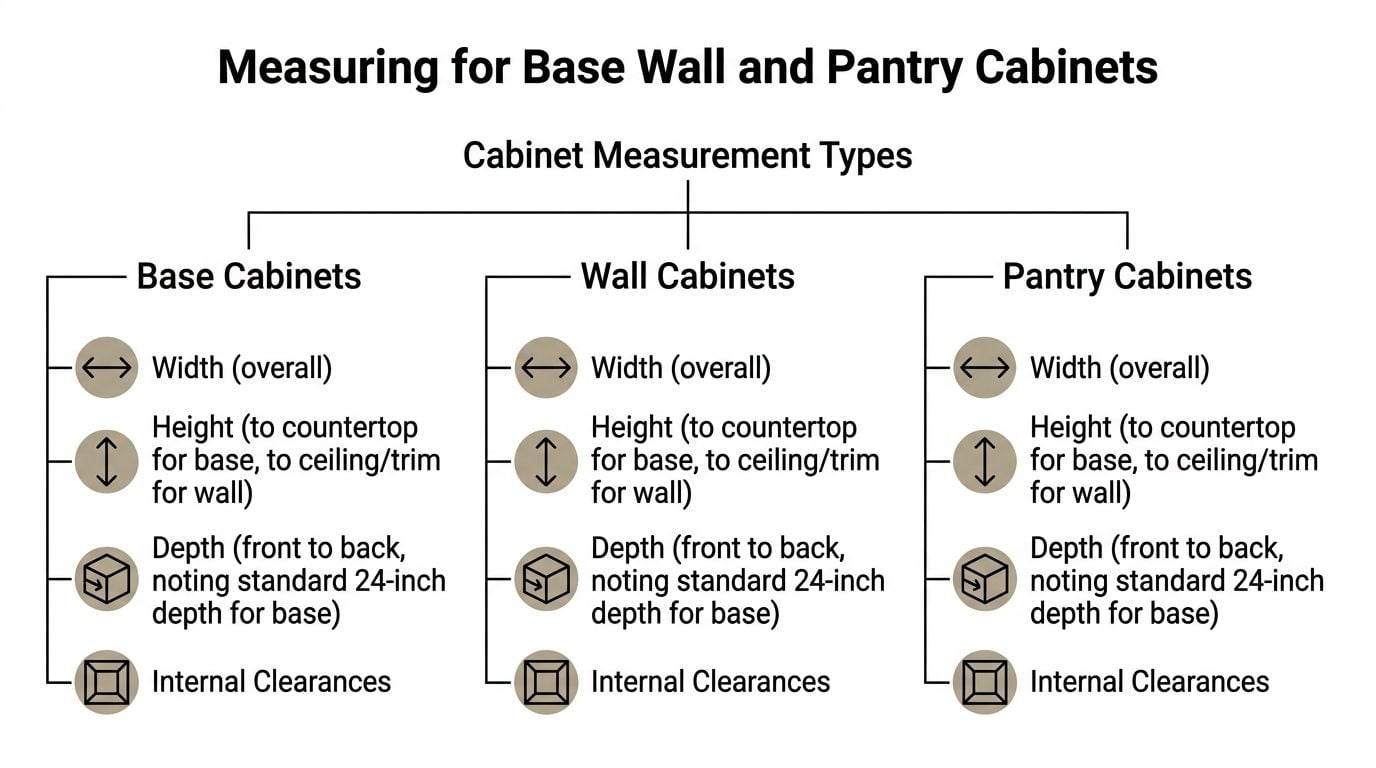 A chart illustrating the key measurements for base, wall, and pantry cabinets in a home kitchen.