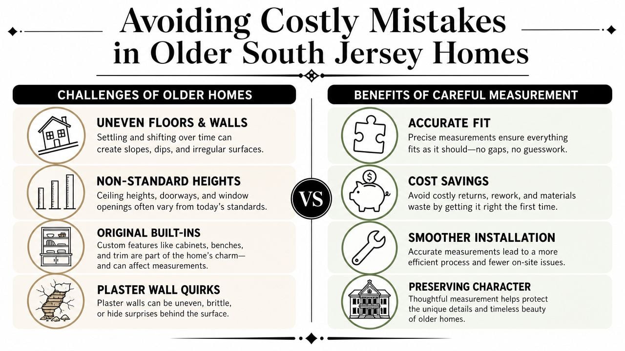 An infographic comparing challenges in older homes to the benefits of taking accurate measurements during renovations.