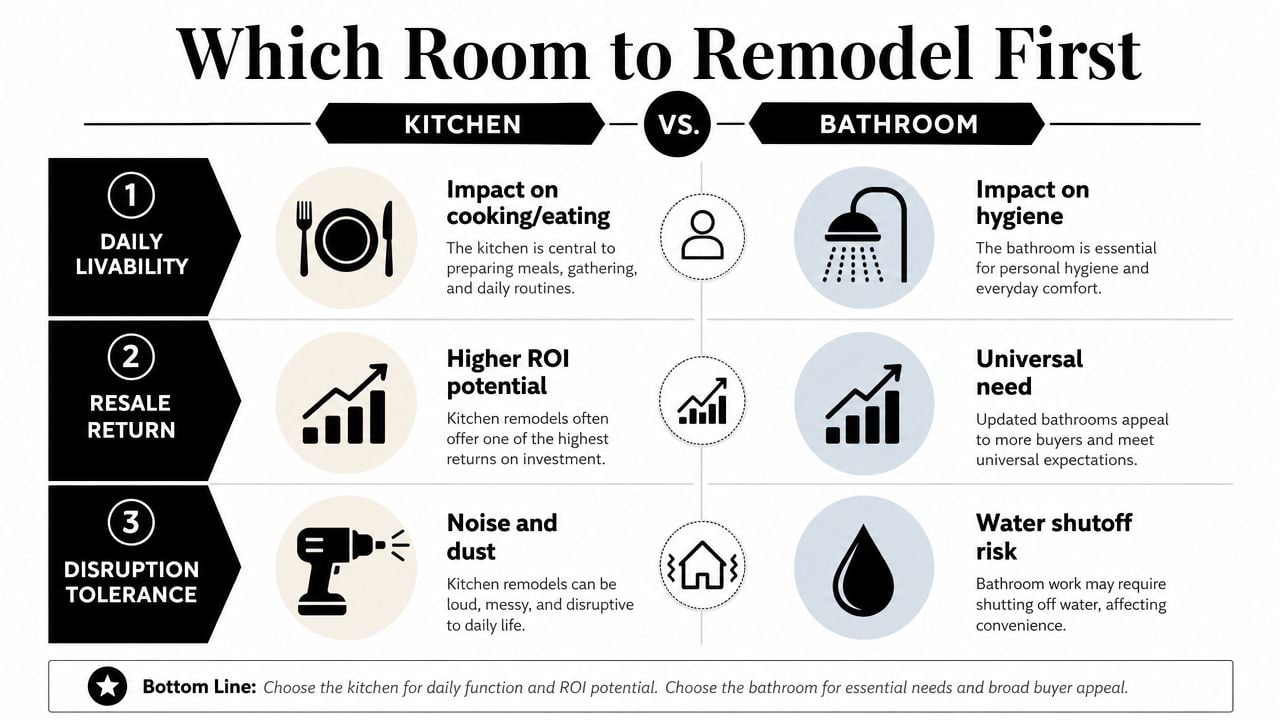A comparison infographic showing the factors to consider when deciding between remodeling a kitchen or a bathroom first.
