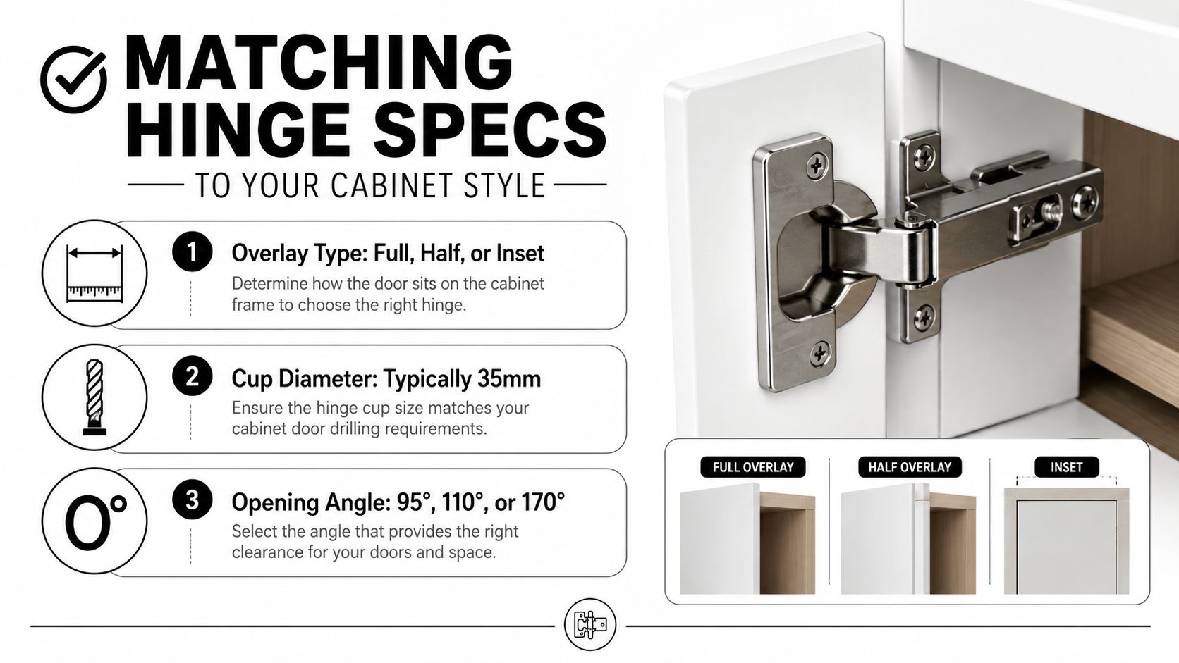 A guide explaining how to match cabinet hinge specifications including overlay types, cup diameters, and opening angles.