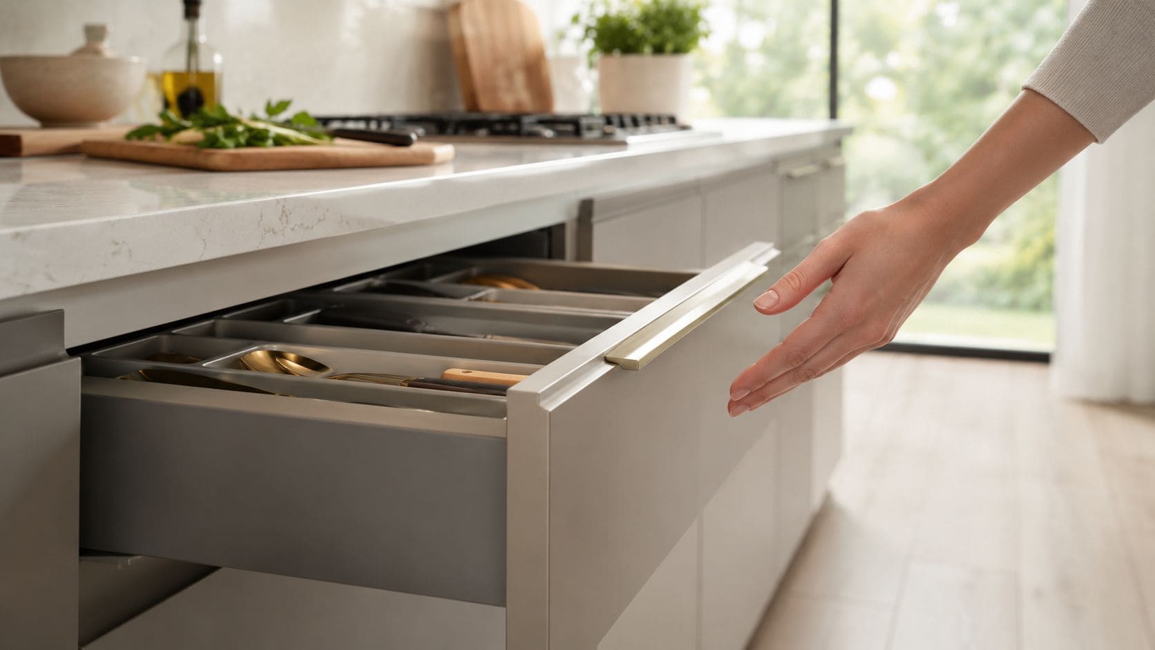 A hand opening a modern kitchen drawer with gold handle, featuring organized cutlery and neutral countertops.
