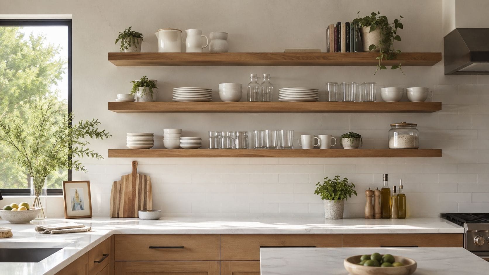 A bright, modern kitchen featuring open wooden shelves styled with white ceramic dishes, glassware, and indoor plants.