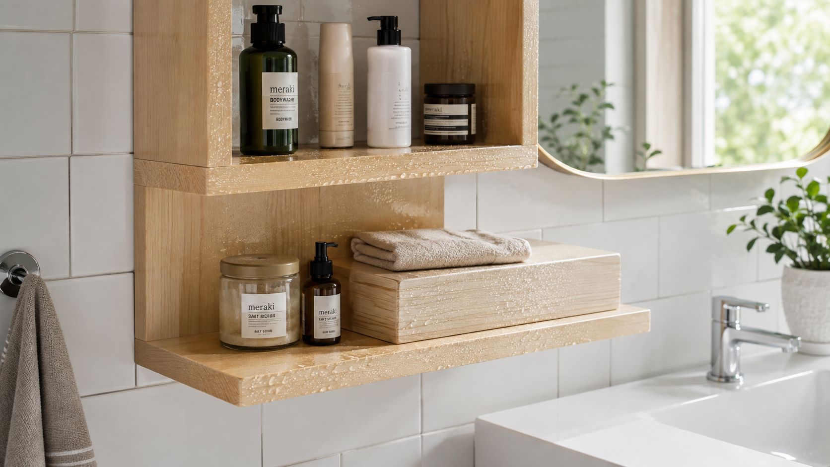 A modern wooden bathroom shelf with skincare products, a hand towel, and tiles in a bright setting.