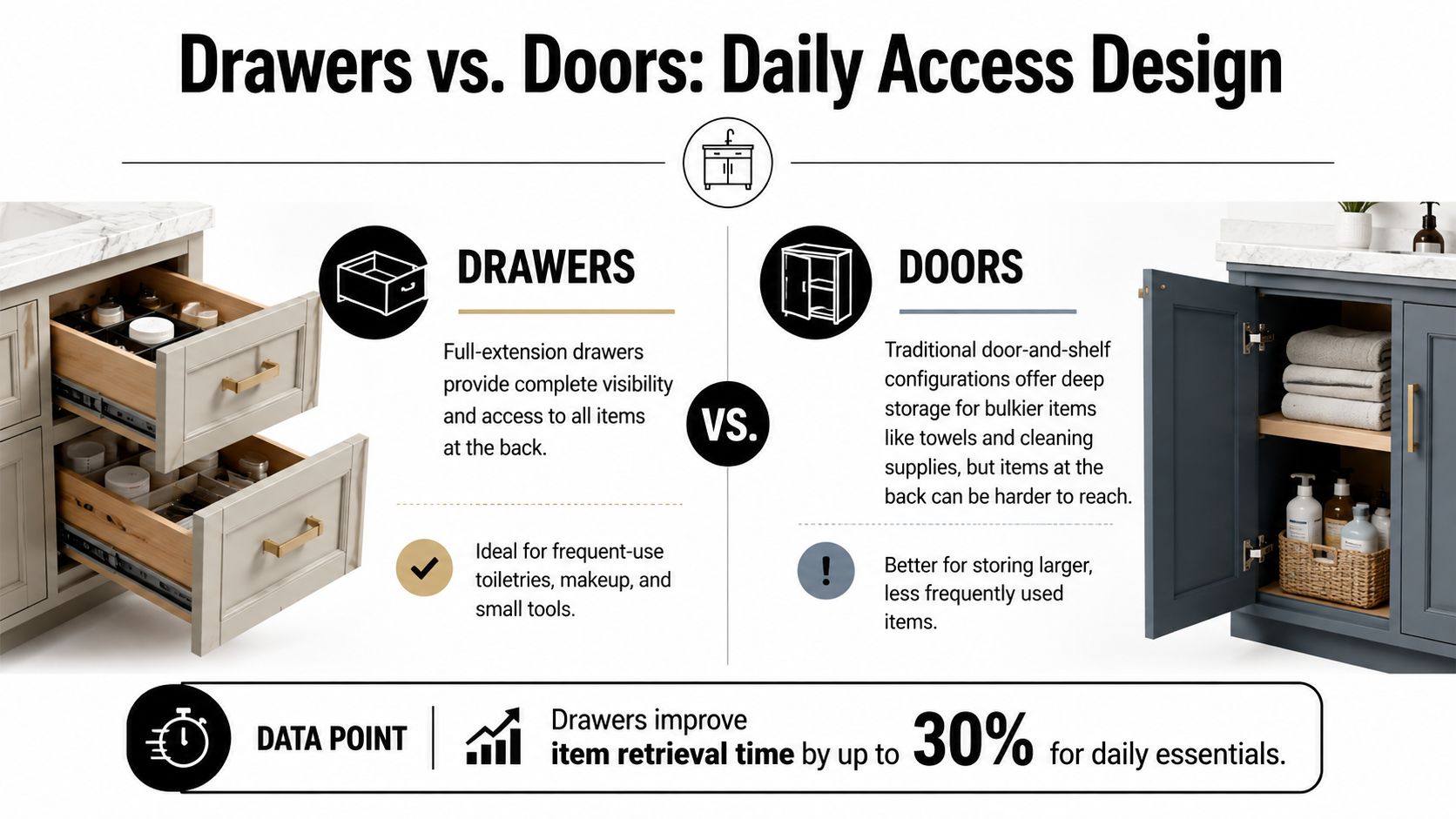 A comparative infographic illustrating the pros and cons of using drawers versus doors for bathroom vanity storage.