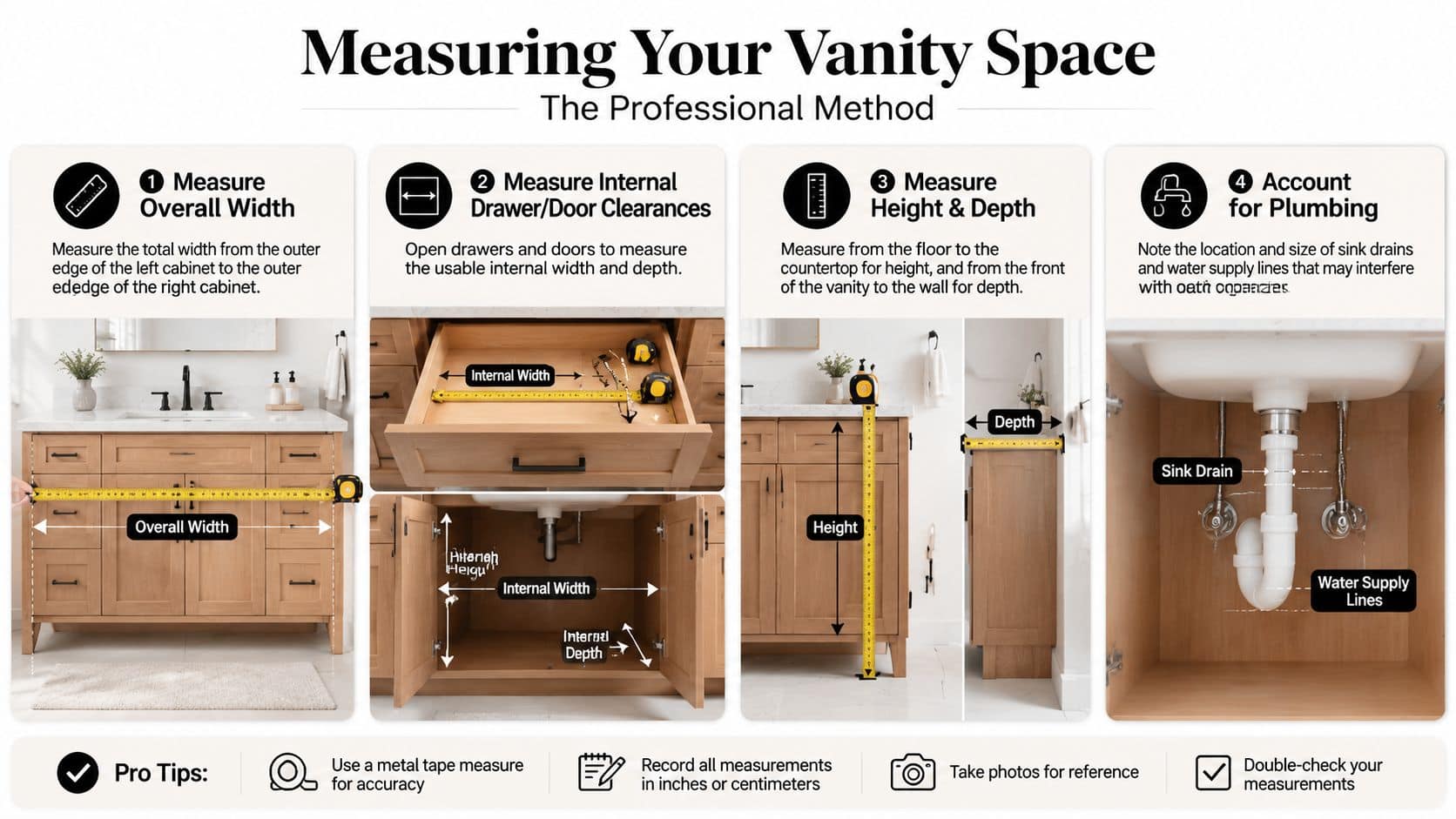 A guide on how to measure a bathroom vanity, including steps for overall width, internal clearances, height, and plumbing.
