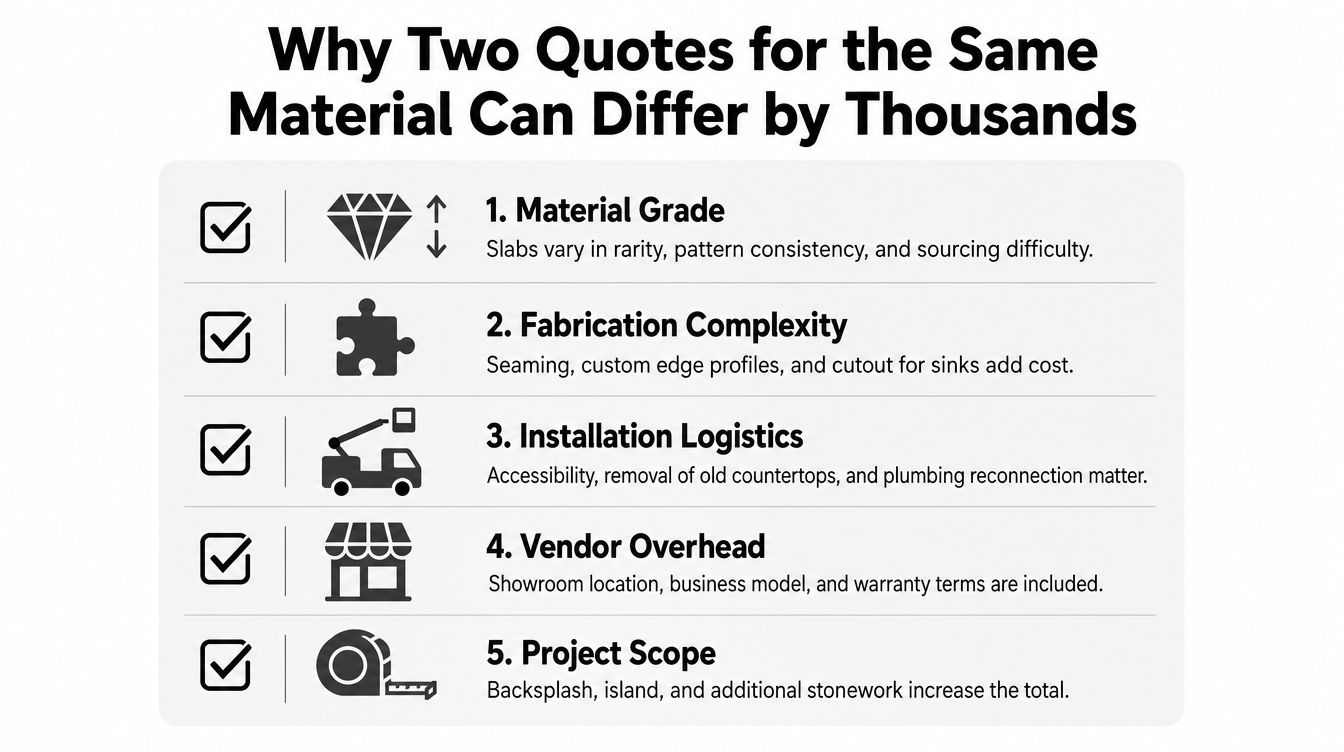 An infographic titled Why Two Quotes for the Same Material Can Differ by Thousands, showing five cost factors.