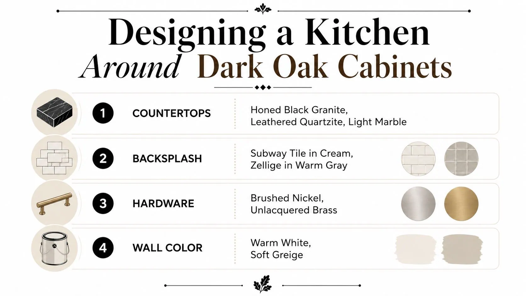 A design infographic providing four key recommendations for interior elements to pair with dark oak kitchen cabinets.