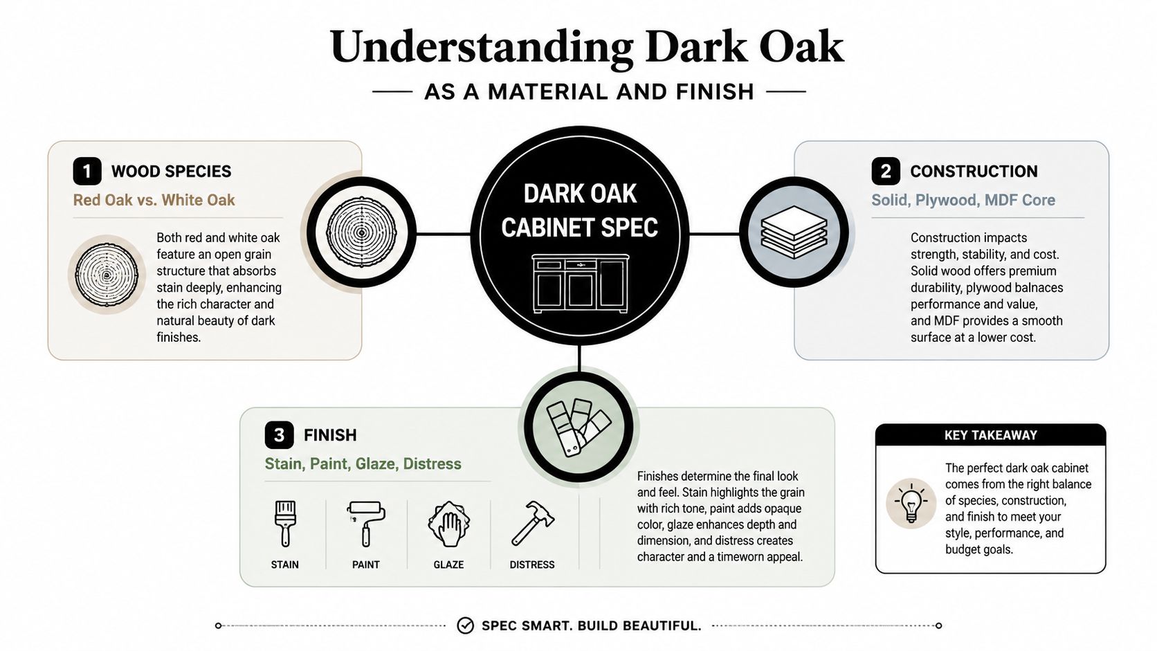 An infographic titled Understanding Dark Oak explaining the key components of wood species, construction methods, and finish types.
