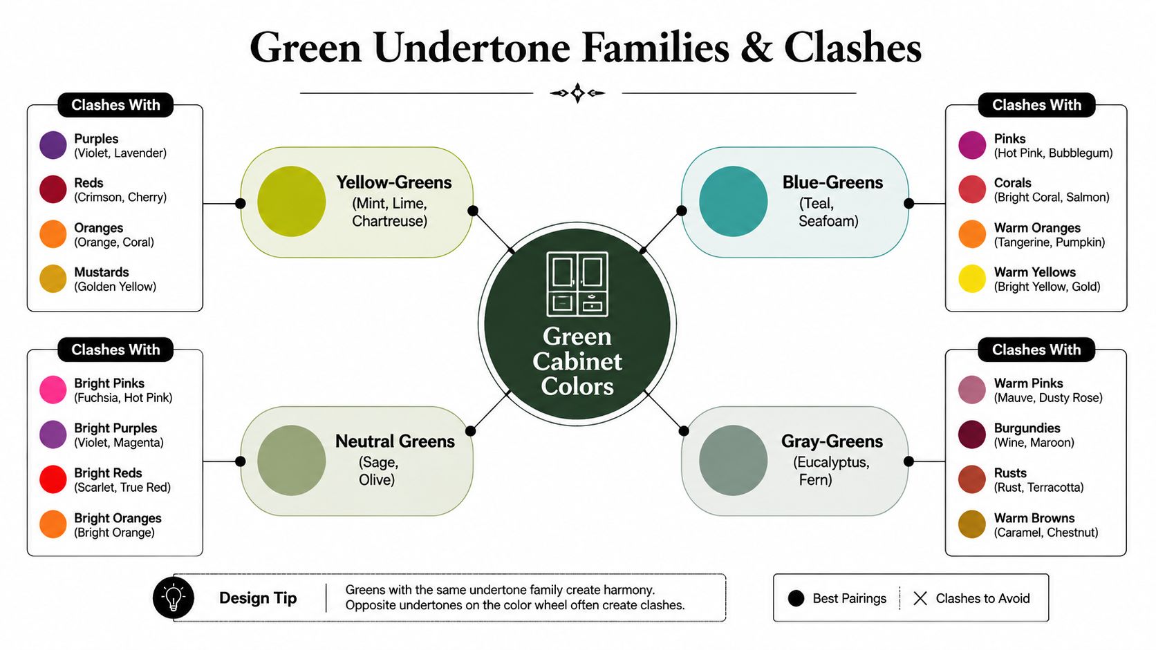An infographic chart displaying four green cabinet color families and the specific colors they clash with.