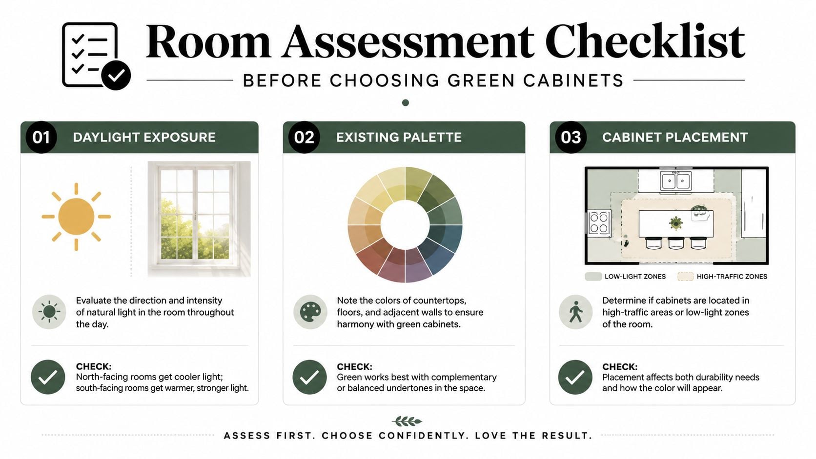 A room assessment checklist guide for choosing green kitchen cabinets, covering daylight exposure, existing palettes, and placement.