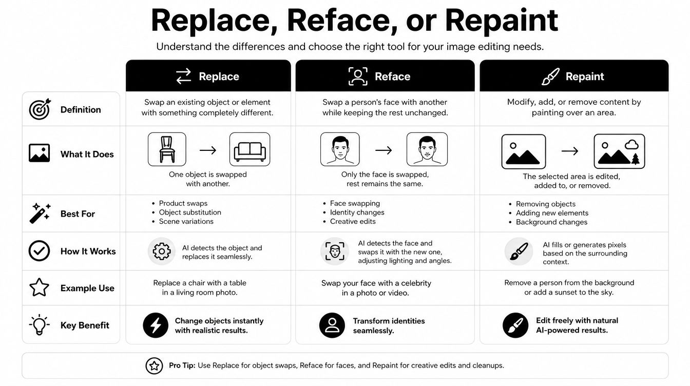 A comparison chart explaining the differences between AI image editing techniques: Replace, Reface, and Repaint.