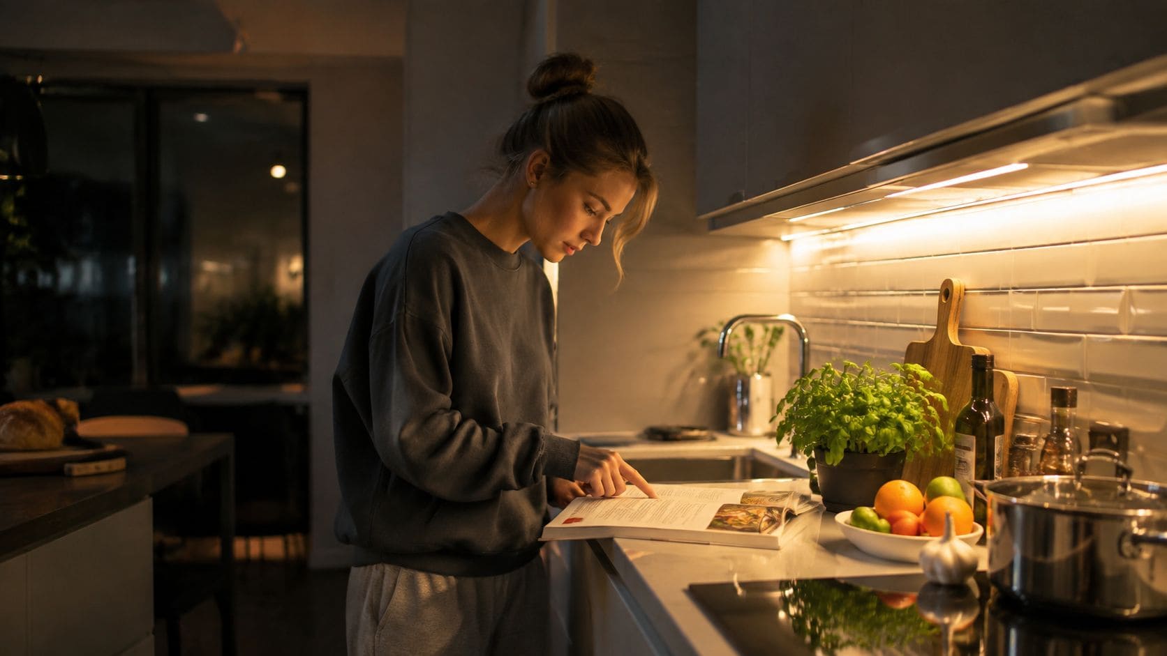 A woman stands in a modern kitchen reading a cookbook under warm cabinet lighting in the evening.