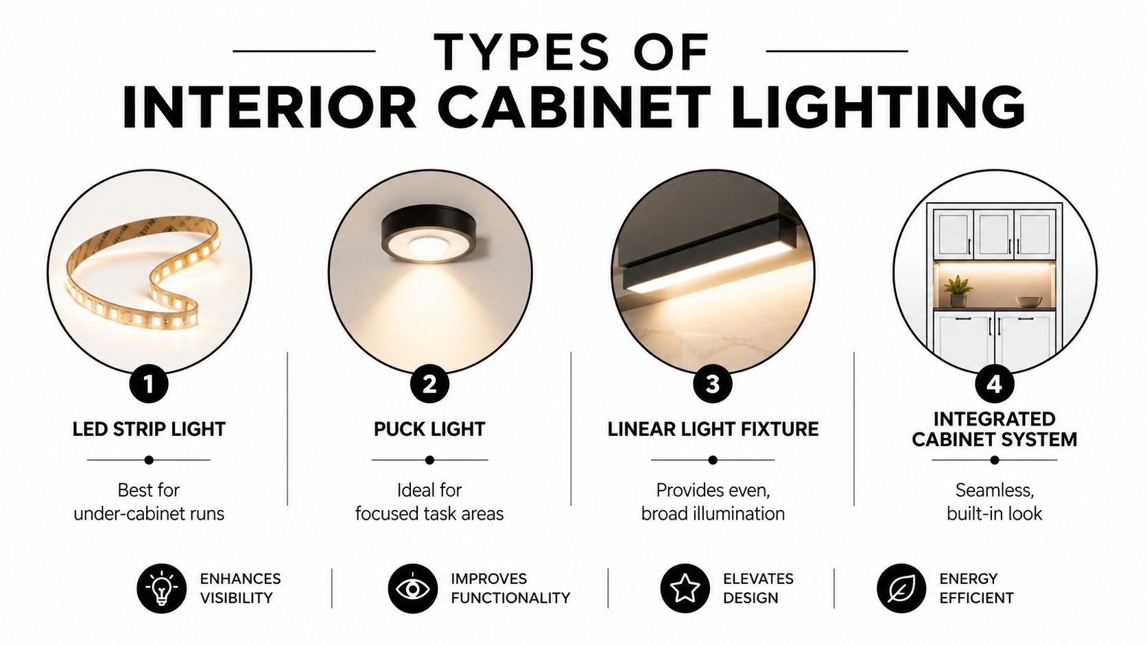 An infographic displaying four different types of interior cabinet lighting with descriptions and icons for each.