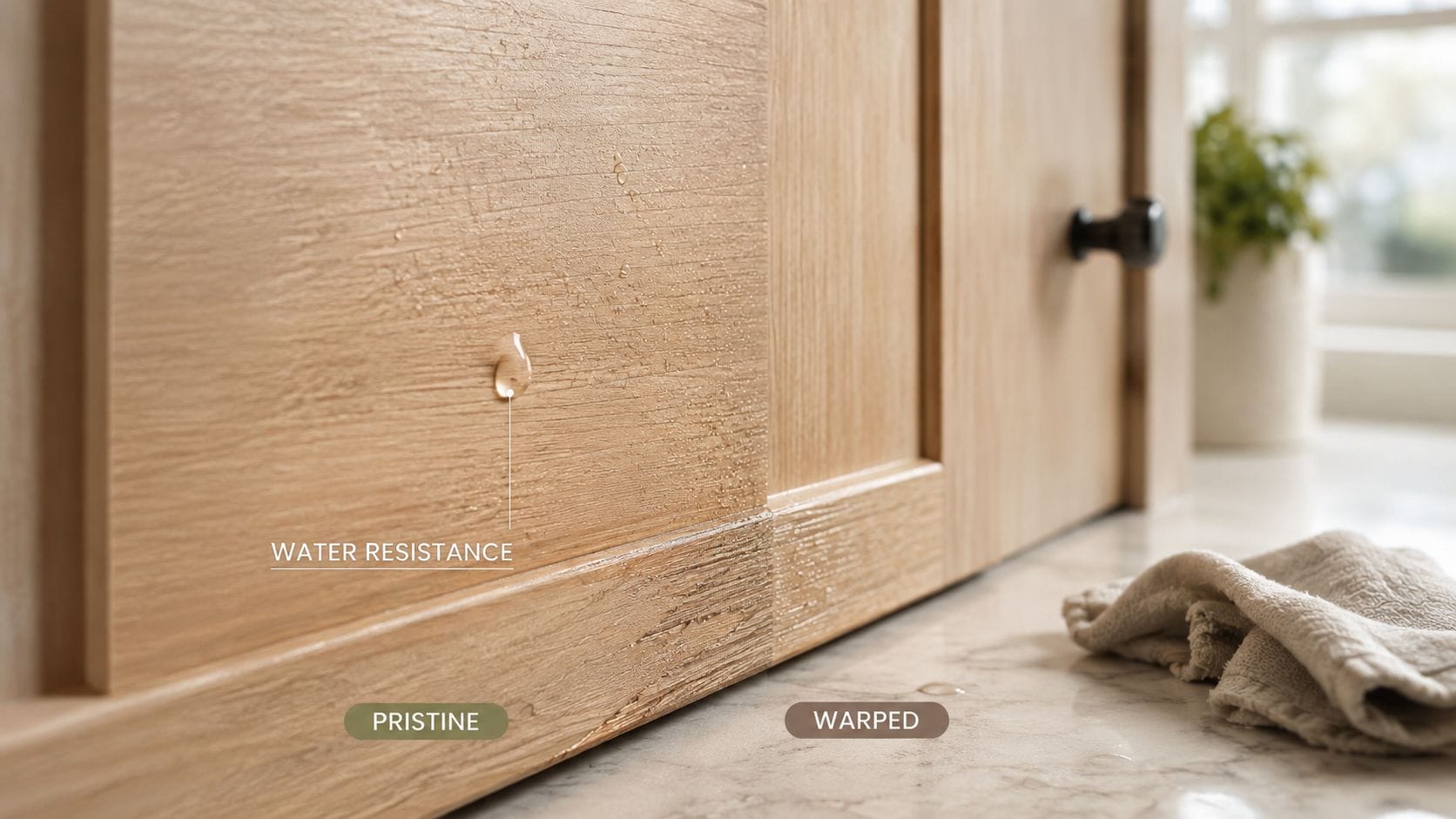 A wooden cabinet door demonstrating water resistance on the left side compared to warped wood on the right.