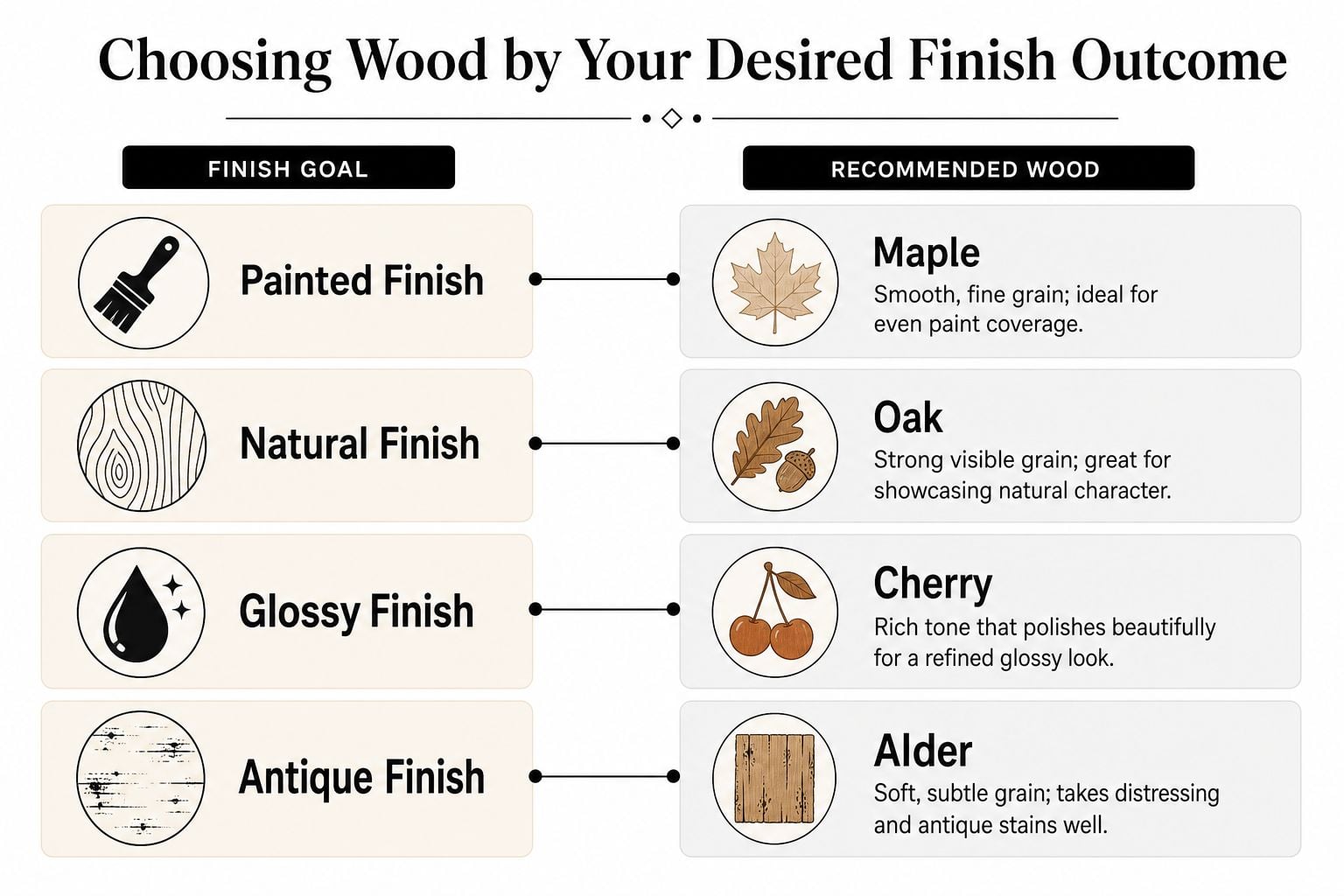 A chart showing recommended wood types for different furniture finishes including painted, natural, glossy, and antique.