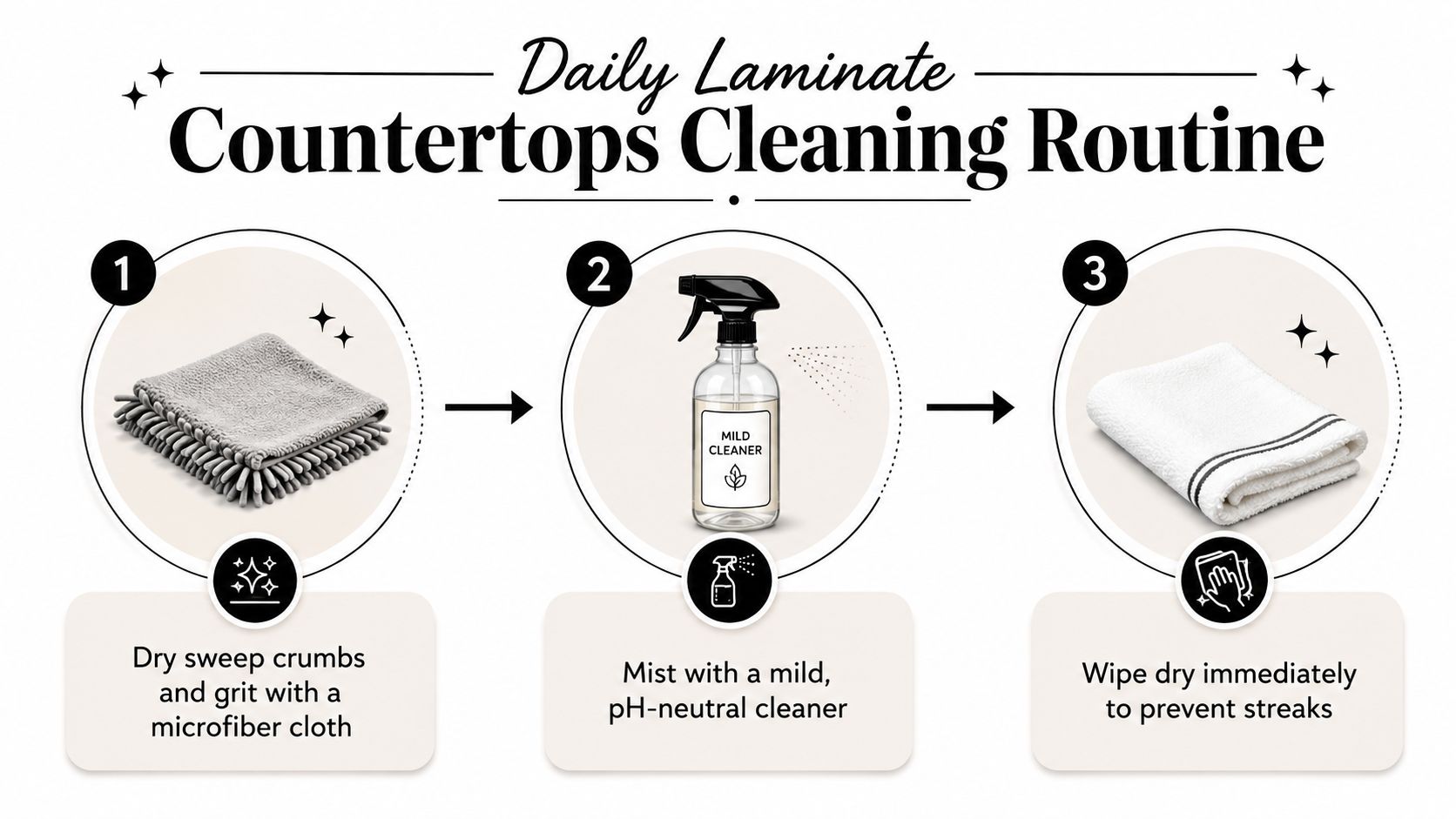 A simple three-step infographic showing how to clean laminate countertops using a cloth and mild cleaner.