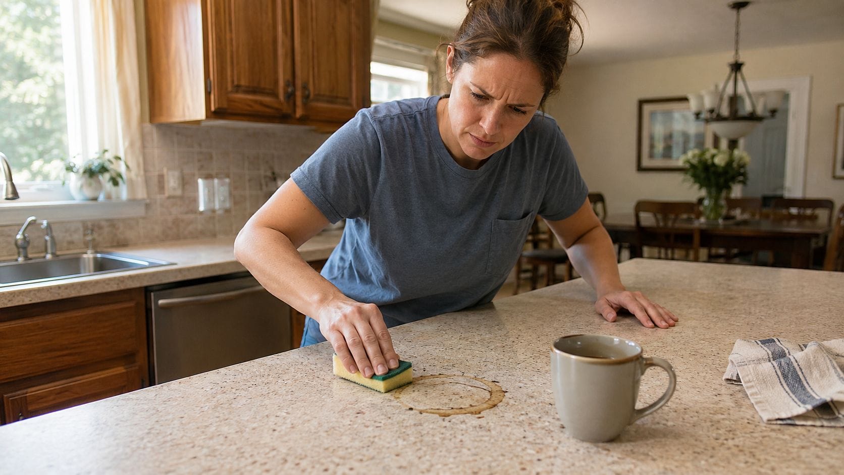 A woman cleaning a circular coffee stain from a laminate countertop with a yellow and green sponge.