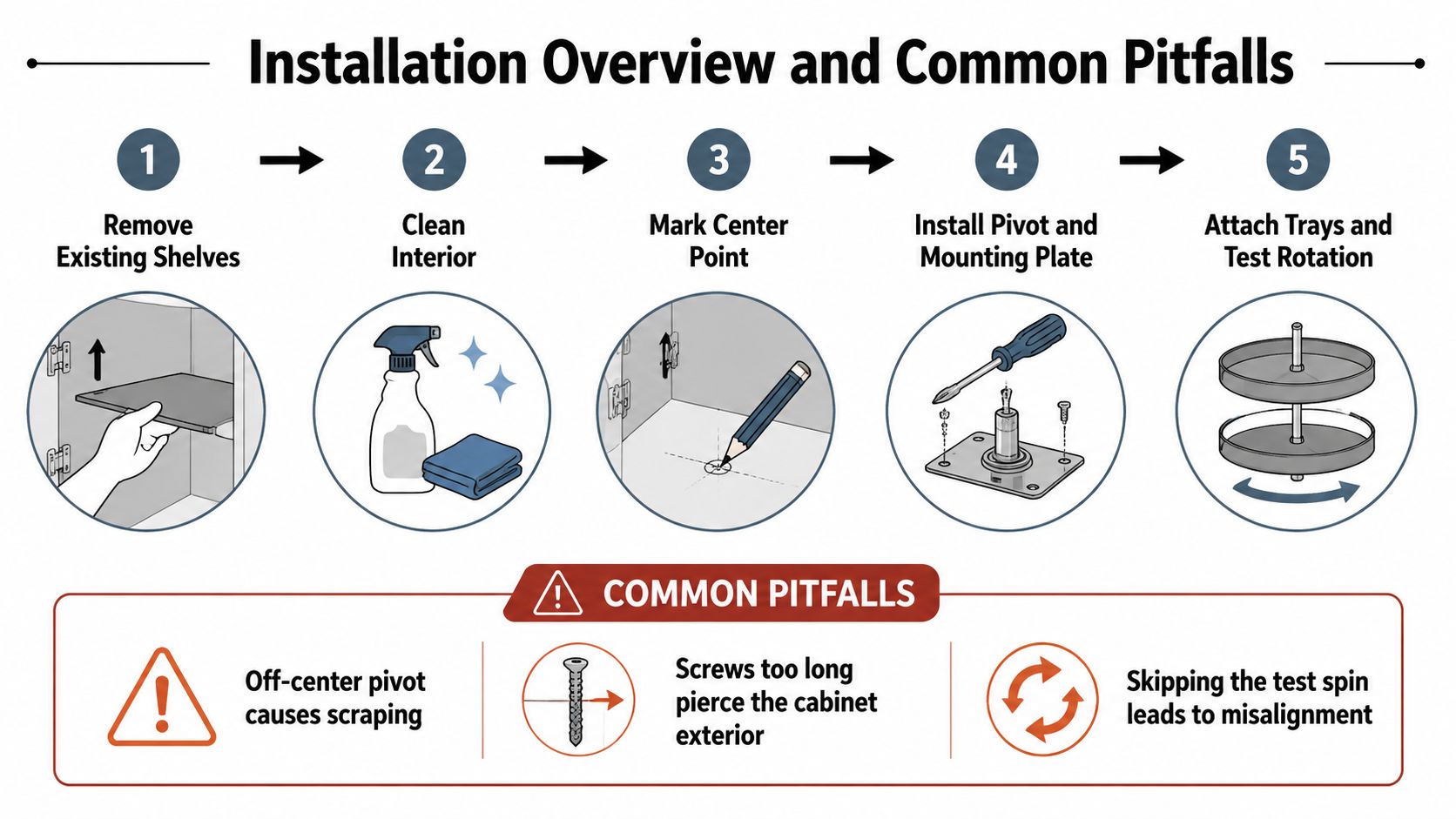 An infographic showing the five-step installation process for a lazy susan cabinet hardware kit and common pitfalls.