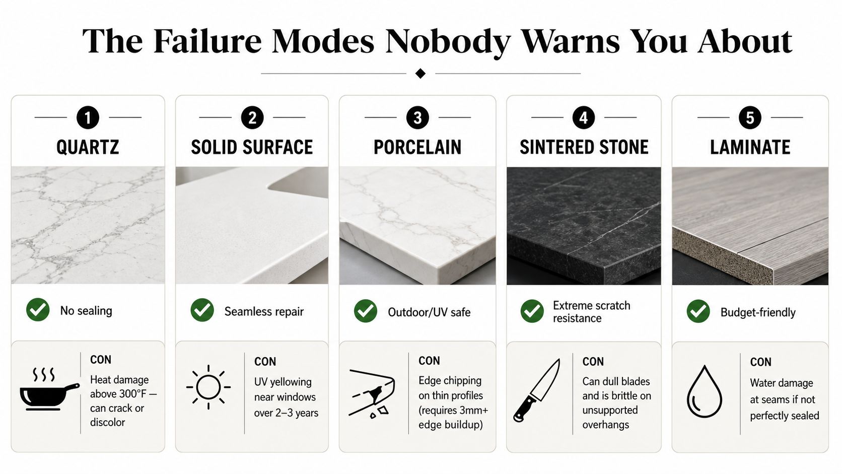 A comparison chart highlighting the pros and cons of five common man-made countertop materials in kitchens.