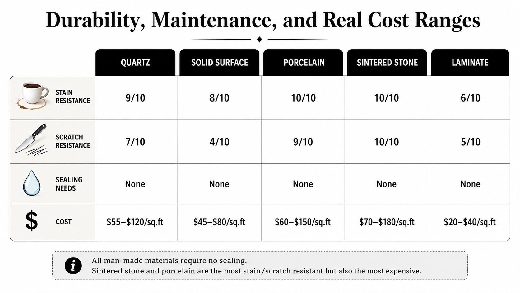 A comparison chart showing durability, maintenance needs, and cost ranges for five types of man-made countertop materials.