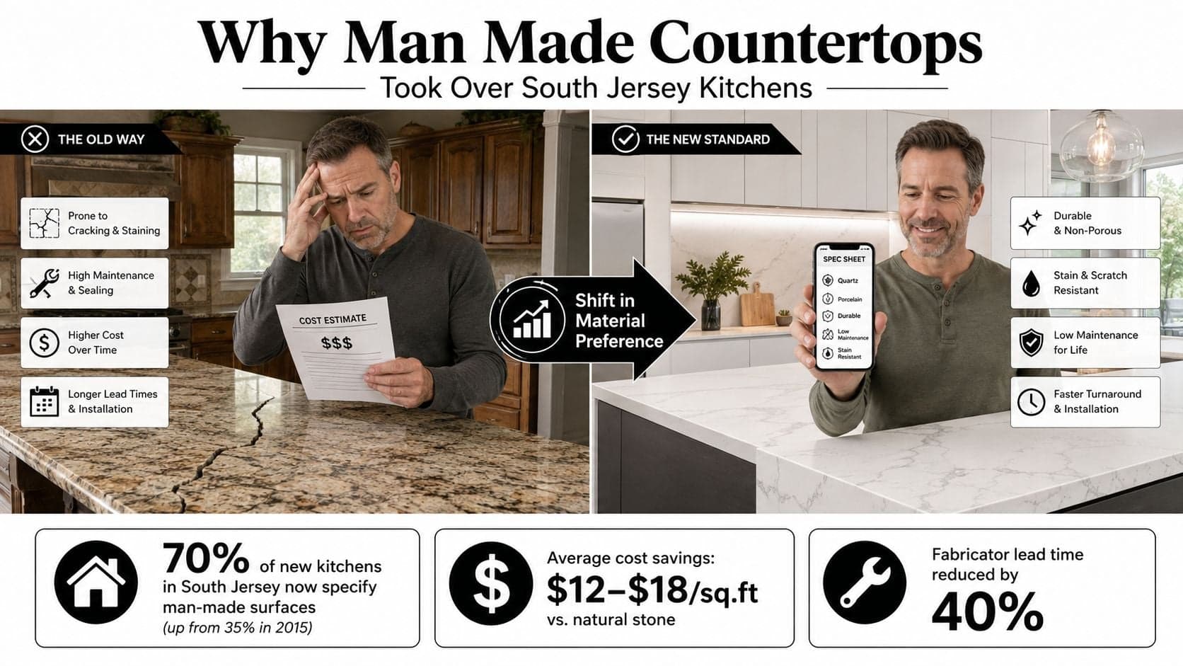 A split image comparing traditional stone countertops to durable man-made kitchen surfaces with cost and efficiency benefits.