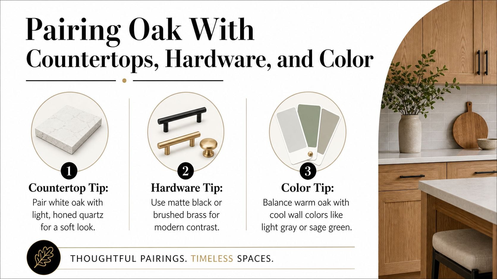 An infographic showing tips for pairing oak cabinetry with quartz countertops, metal hardware, and cool paint colors.