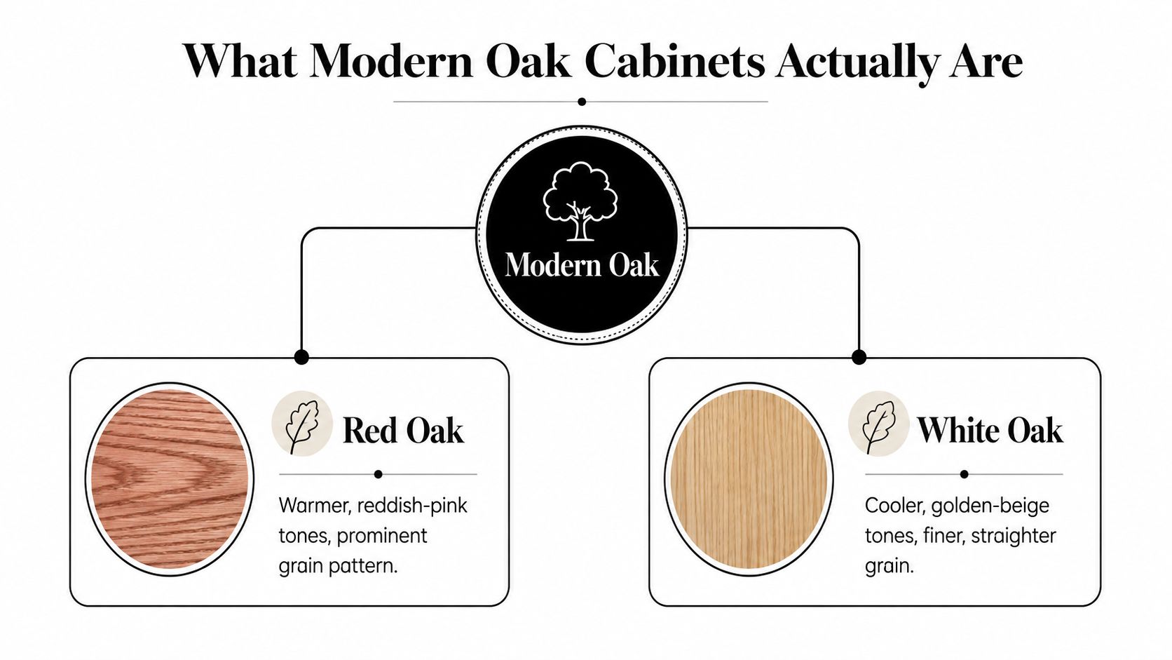 A diagram comparing the characteristics of modern Red Oak and White Oak wood used for cabinets.