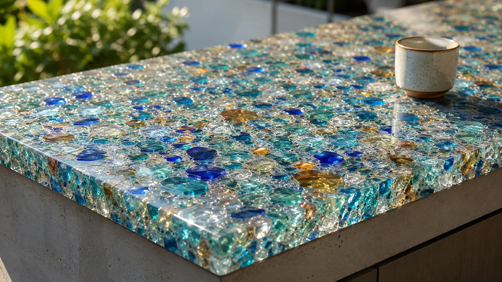 A modern outdoor kitchen countertop featuring an eye-catching surface embedded with colorful blue and gold glass fragments.