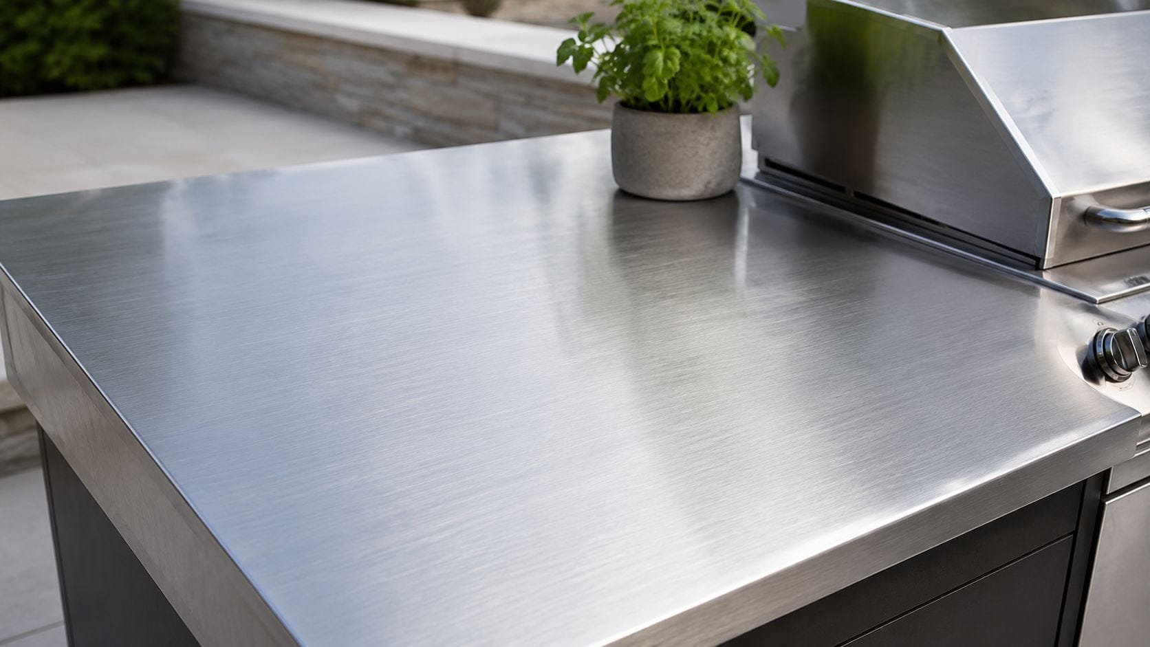 A modern outdoor kitchen featuring a sleek, stainless steel countertop next to a built-in grill unit.