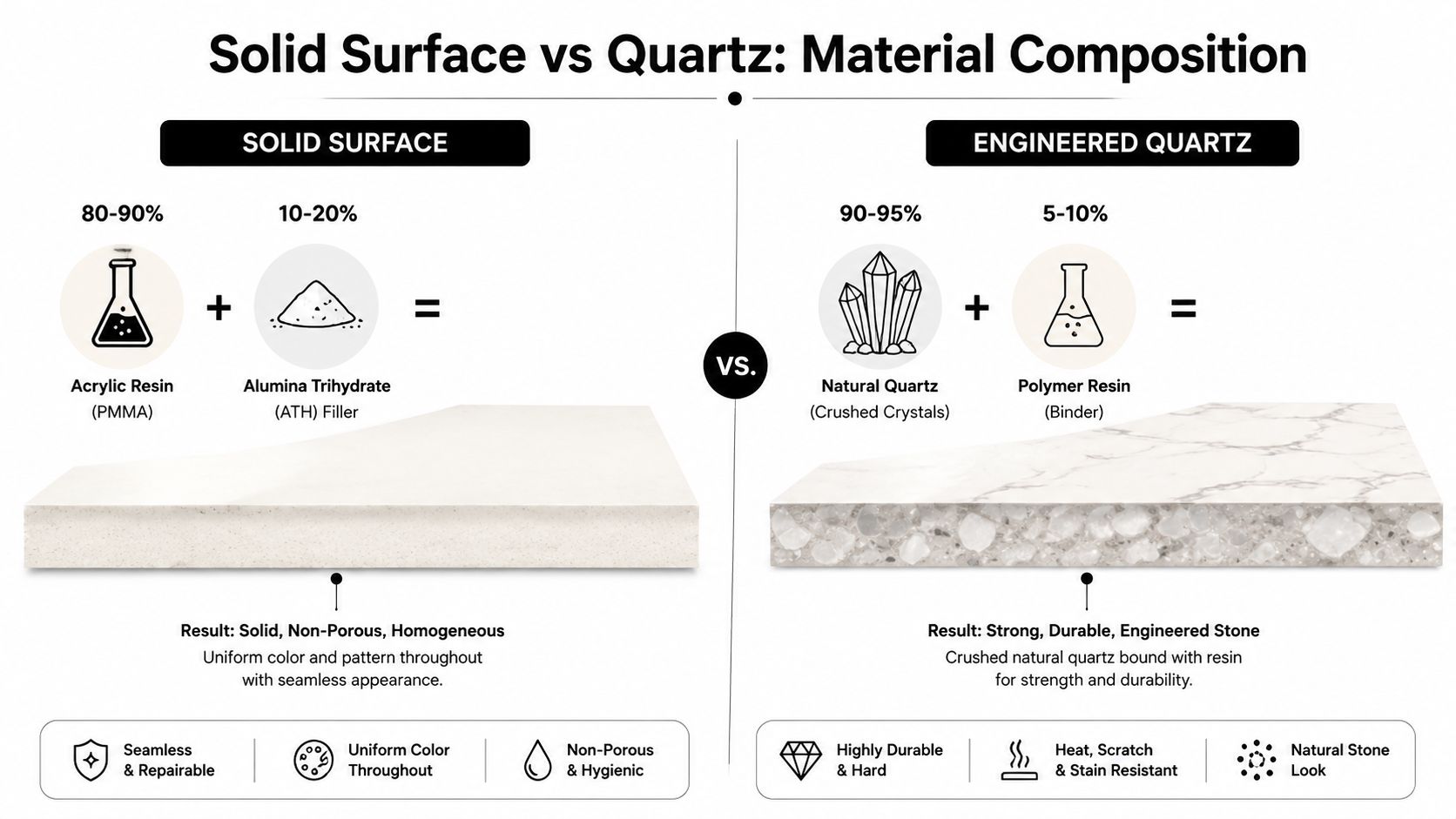 A comparison chart showing the material composition, properties, and visual differences between solid surface and engineered quartz.